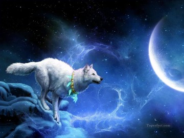 ファンタジー Painting - 狼と月のファンタジー